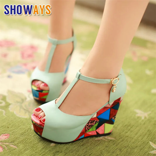 Big Size Women Platform Wedge Sandals Geometric Print High Thick Heels Pink Blue Casual Party T-Strap Lady Summer Peep Toe Shoes