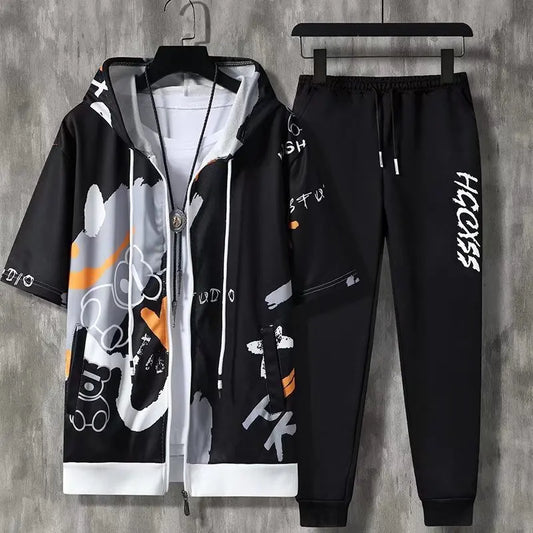 Summer Men's Sets Korean Fashion Hooded outfit set Short Sleeve Hooded Tops+Casual Trousers Men Clothing 2 Piece Set tracksuit