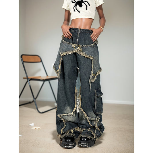 H Gang X Niche Retro Design Wide Leg Jeans Women XINGX Sanding Washed Distressed High Street Pants