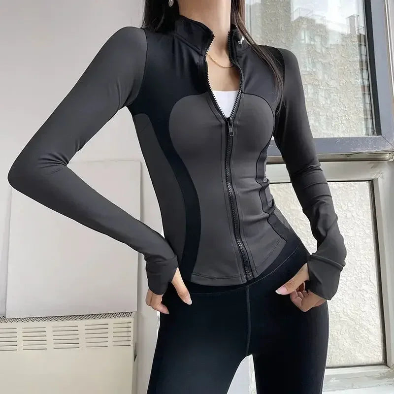 Tight Yoga Workout Clothes Stand Collar Zipper Long Sleeve Sport Jacket Contrast Color Slim Spring Autumn Women Running Coat