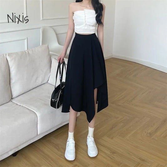 Black Irregular Skirt Women Spring Summer Elastic Waist Thin Mid-length Umbrella Skirts Plus Size Bottoms Vintage Y2k Clothes