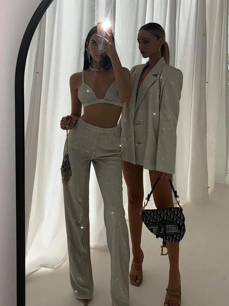 Tossy Glitter Silver Party Two Piece Pants Set Women Club Night Outfits Fashion Sparkly Blazer Matching Sets Femme Tracksuit