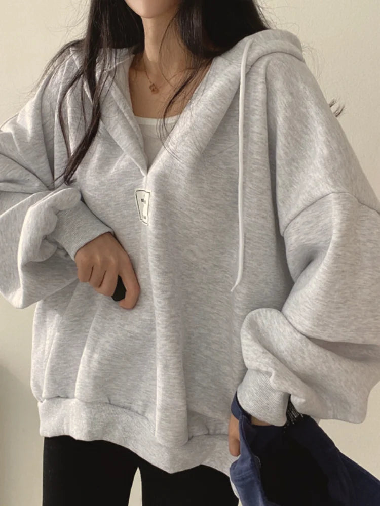 ADAgirl Bat Sleeve Oversized Hoodie Women V Neck Solid Casual Sweatshirts Loose Korean Pullover Tops Spring Autumn New Clothes