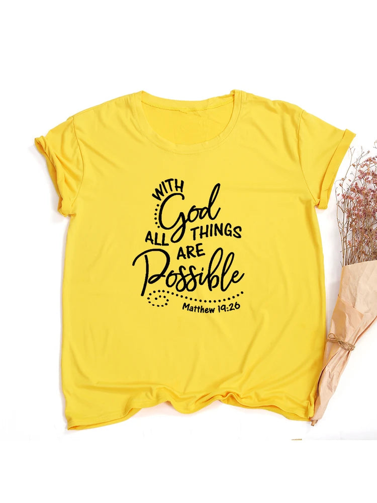 With God All Things Are Possible Print Women Christian T Shirt Religious Graphic Tees Faith Female Tops Summer Clothes Camisetas