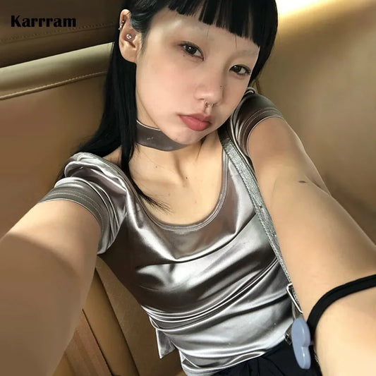 Karrram Grunge Aesthetics Tops Y2k Bright Silver T-shirt Japanese Harajuku Reflective Tee Shirt Korean Fashion Designer Clothes