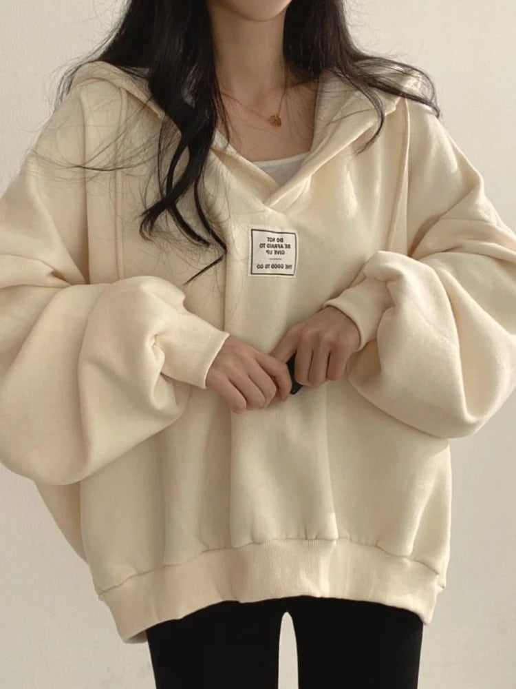 ADAgirl Bat Sleeve Oversized Hoodie Women V Neck Solid Casual Sweatshirts Loose Korean Pullover Tops Spring Autumn New Clothes