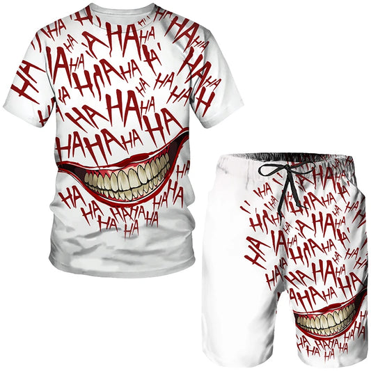 Personality Fashion Men's Clown 3D Printing Tees Shorts Suits Horror Two Piece Sets Outfits Hip Hop Streetwear Male Clothing Set