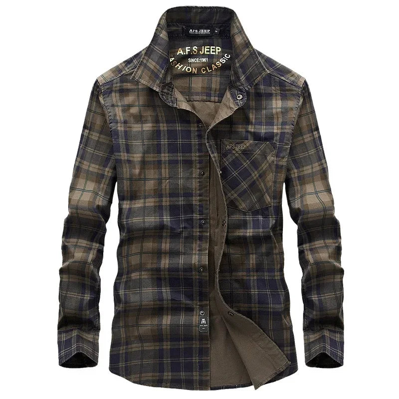 2023 New Brand Clothing Long Sleeve Plaid Shirts Men Spring Clothes Cotton Casual Cargo Male Shirt Breathable Men Military Shirt