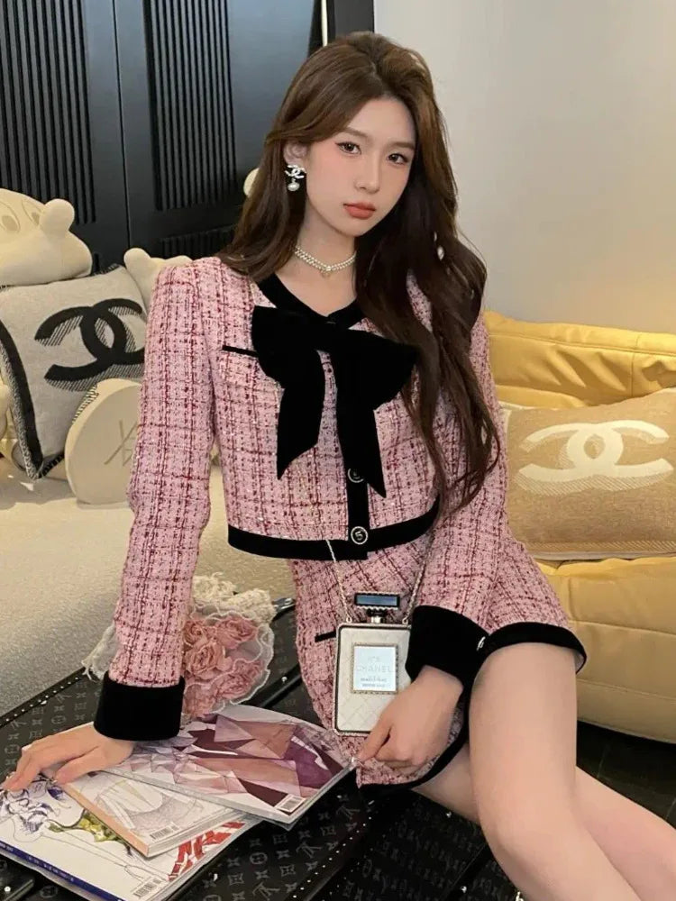 2023 autumn winter Small Fragrance Tweed Two Piece Set Women Short Jacket Coat + Skirt Suits Korean 2 Piece Sets Women Outfit