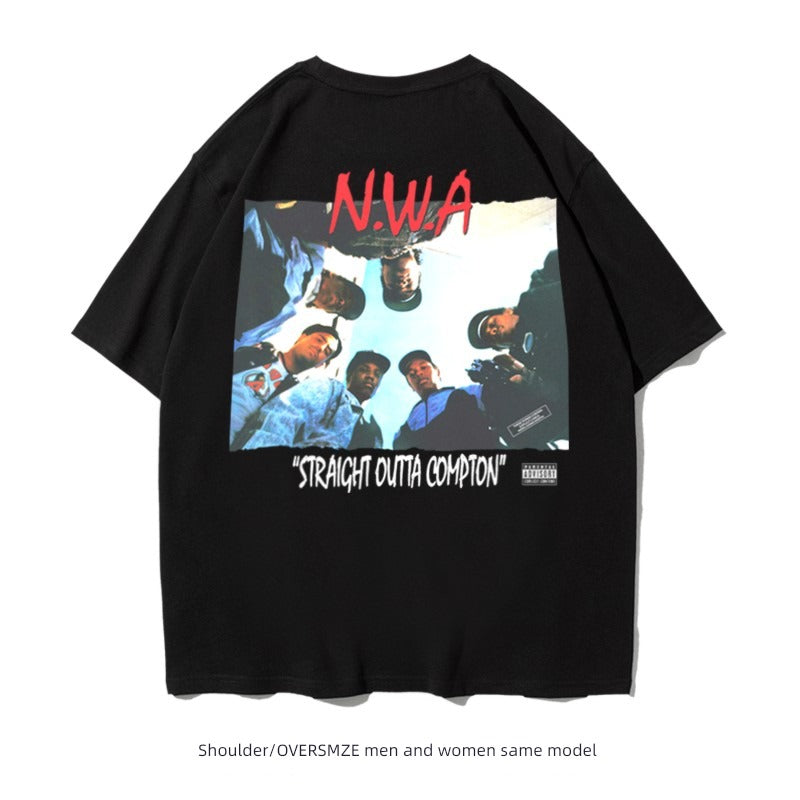 Hip-Hop Amekaji Drop-Shoulder Half-Sleeve NWA T-shirt