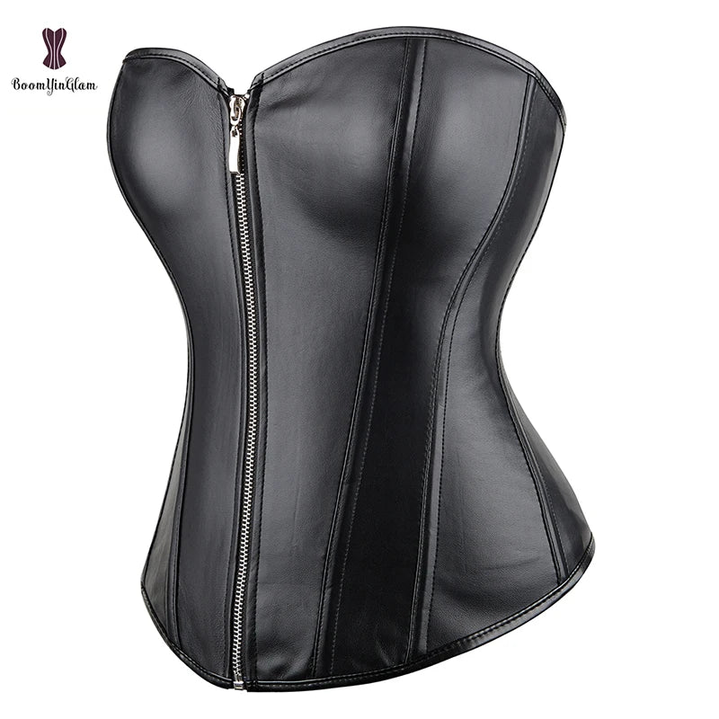 Punk Style Push Up Women'S Plus Size Slimming Body Shapewear Gothic Faux Leather Corset Bustier With Zip 834#