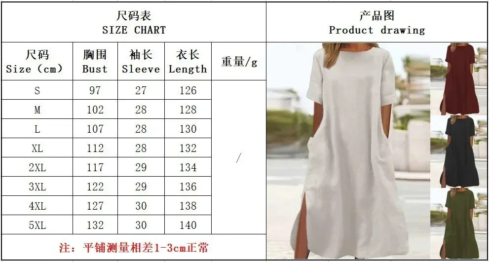 2024 Spring Cotton Linen Women's Long Dress O-neck Pocket Casual Dresses Female Trendy Fashion Oversize Loose Clothes Ladies