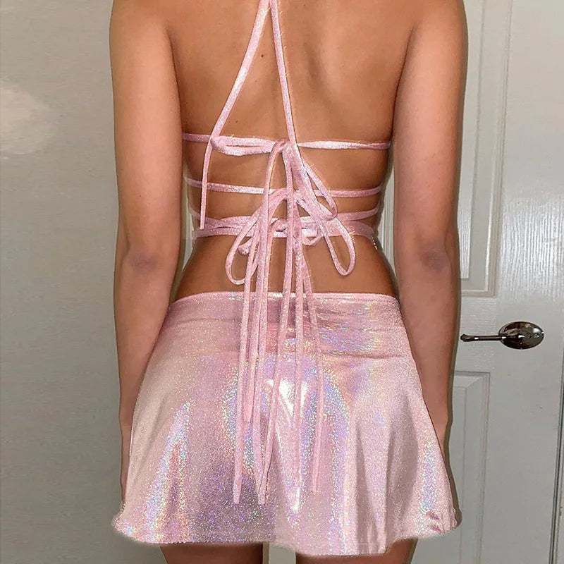2023 Glitter Pink Two Piece Set Fairy Grunge Bandage Dress Summer Clothes Sexy Club Rave Festival Outfits Fashion Y2k Dresses