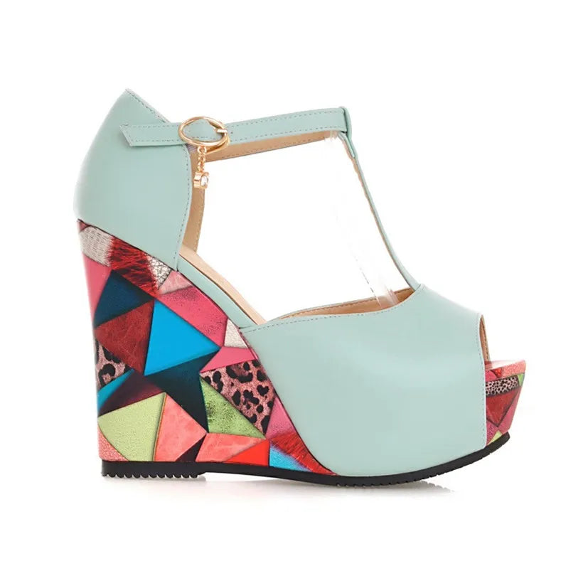 Big Size Women Platform Wedge Sandals Geometric Print High Thick Heels Pink Blue Casual Party T-Strap Lady Summer Peep Toe Shoes