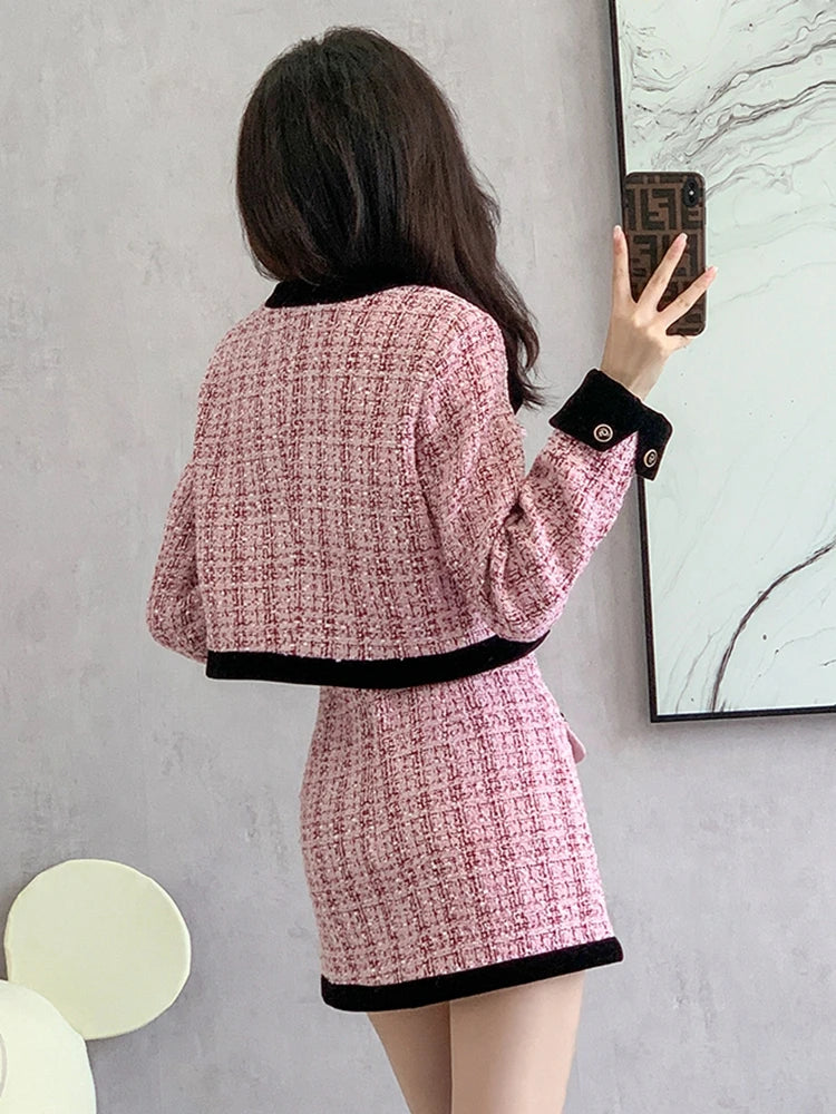 2023 autumn winter Small Fragrance Tweed Two Piece Set Women Short Jacket Coat + Skirt Suits Korean 2 Piece Sets Women Outfit