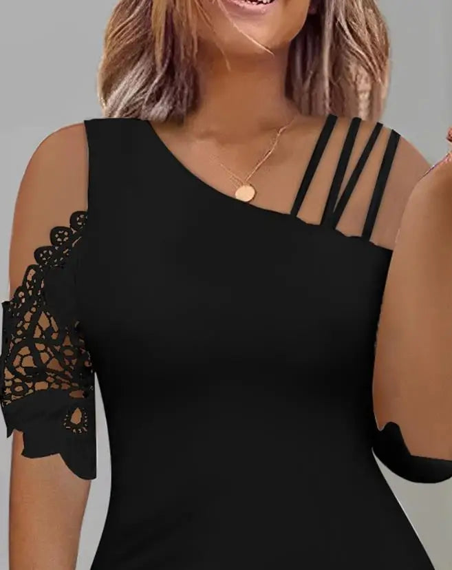 Top Women 2023 Summer Fashion Lace Patch Asymmetrical Neck Casual Cold Shoulder Half Sleeve Plain Daily T-Shirt Top Y2K Clothes