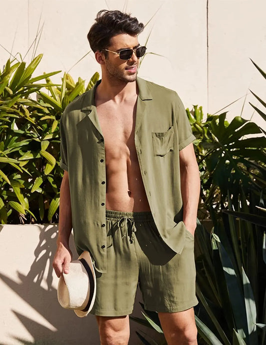 Summer Cotton Linen Shirt Set Men's Casual Outdoor 2-Piece Suit Andhome Clothes Pajamas Comfy Breathable Beach Short Sleeve Sets