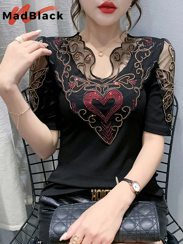 Summer Korean Clothes Cotton T-Shirt Chic Sexy Patchwork Mesh Women Tops Short Sleeve Shiny Diamonds Casual Tees 2023 T14702A