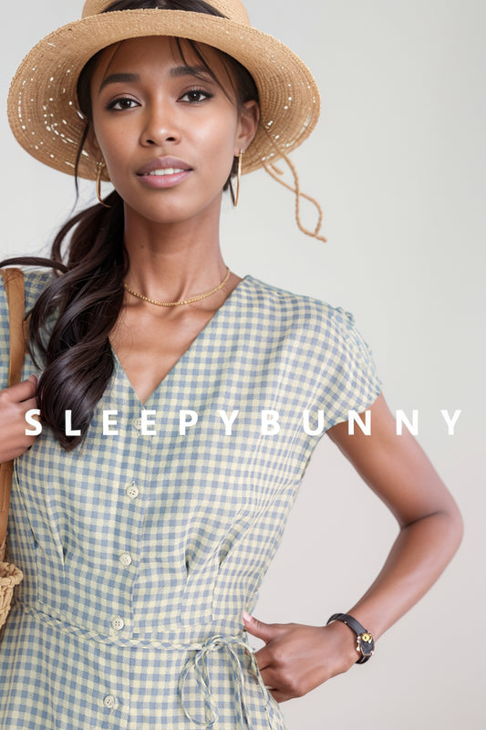 Sleepy Bunny Gingham Japanese-Style Retro Blue Dress