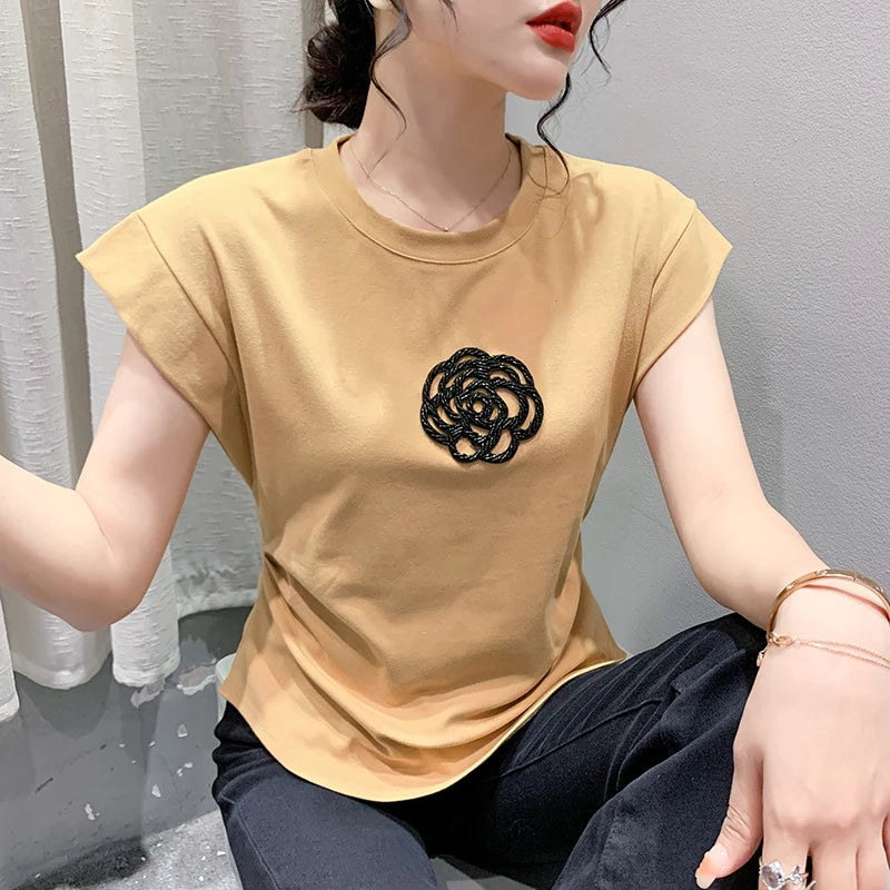 2023 New Summer European Clothes Cotton Solid T-Shirt Fashion Sexy Beading Flower Women's Tops Sleeveless All Match Tees 33057