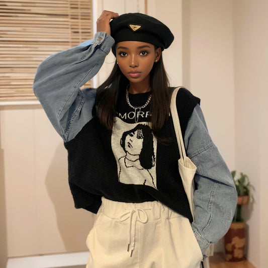 European Station Super Nice Cartoon Denim Hoodie Fake Two-Piece