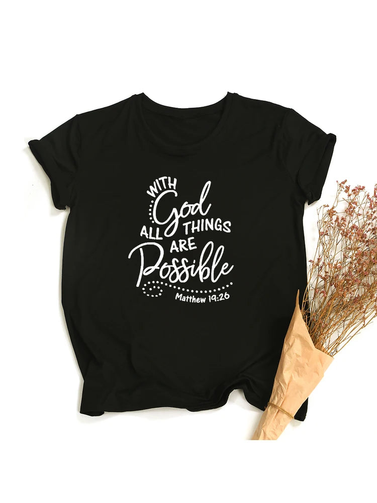 With God All Things Are Possible Print Women Christian T Shirt Religious Graphic Tees Faith Female Tops Summer Clothes Camisetas