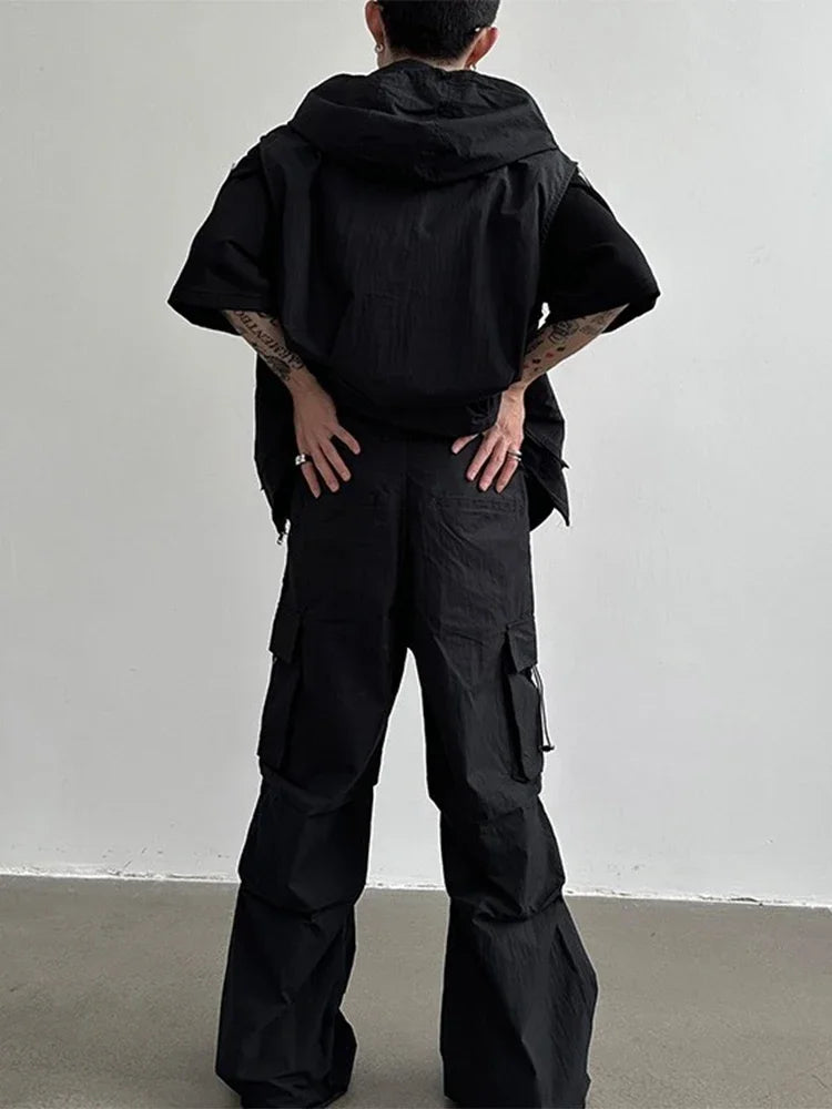 HOUZHOU Cargo Pants Sets Vest Hooded Summer 2 Piece Outfit Japanese Sleeveless Suit Male Korean Streetwear Hip Hop Plus Size 5XL