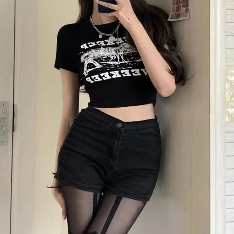 Women's Y2K Clothes letter Print Crop Tops Tees Slim Short Sleeve T-Shirt Sexy Streetwear Tops Aesthetics Tops Short Navel