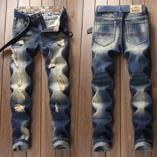 Denim Jeans Straight Scratches Fashion Men's Pants Luxury Vintag Hole Ruined Long Broken Fashion Regular Fit Large Size