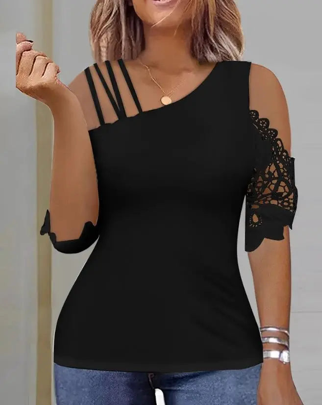 Top Women 2023 Summer Fashion Lace Patch Asymmetrical Neck Casual Cold Shoulder Half Sleeve Plain Daily T-Shirt Top Y2K Clothes