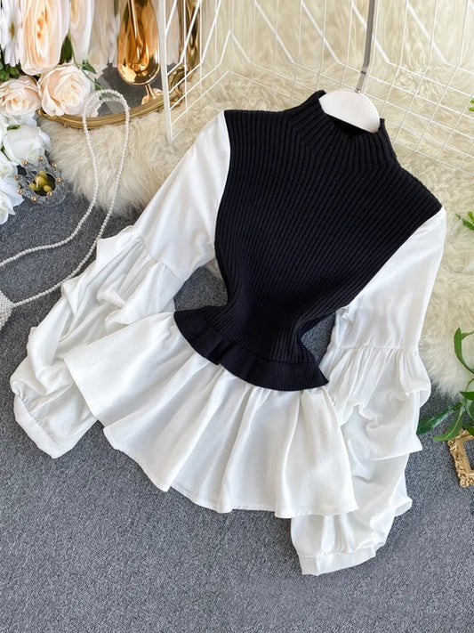 Women's Knit Patchwork Fake Two-Piece Tops Slim Fit Lantern Sleeved Shirt Tide Turtleneck Pullovers Sweater Tops ML574