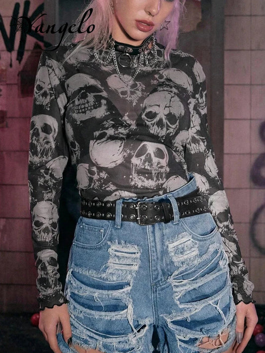 Yangelo Mall Gothic Skull Print T-shirt Female Y2K See Through Punk Crop Tops E-girls Grunge Street Clothes