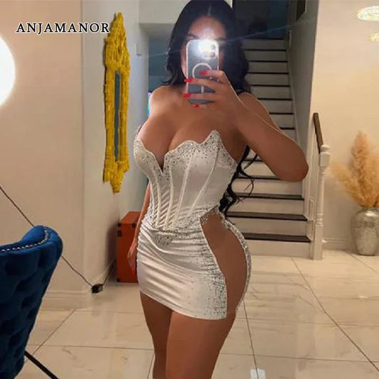 ANJAMANOR Rhinestone Corset Mini Dresses for Women 2023 Sexy Luxury Bling Birthday Dress Party Night Club Outfits D35-EI22