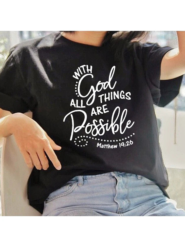 With God All Things Are Possible Print Women Christian T Shirt Religious Graphic Tees Faith Female Tops Summer Clothes Camisetas