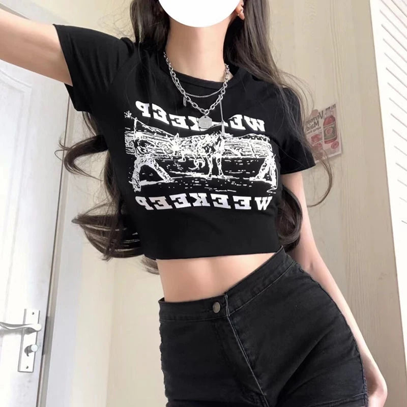 Women's Y2K Clothes letter Print Crop Tops Tees Slim Short Sleeve T-Shirt Sexy Streetwear Tops Aesthetics Tops Short Navel