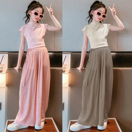 Summer Teen Girls Clothing Sets Fashion Slim Tops + Wide Leg Pants 2Pcs Outfits Kids Birthday Party Princess Costume 4-12 Years