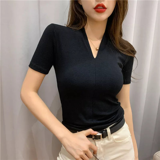 Women Sweetshirts Short sleeve womens clothing Black white T-shirts for Girls V-Neck Summer Clothes Design Woman clothes