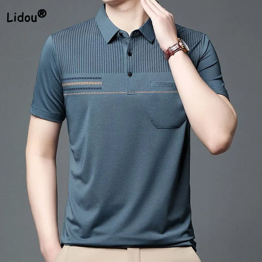 Business Office Casual Solid Color Polo T-shirt Male Clothes Summer Fashionable Trend Men's Pockets Short Sleeve Pullovers Tops