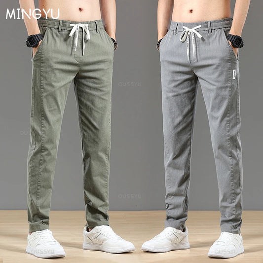 Spring Summer Cottom Men's Pants Fashion Classic Drawstring Elastic Waist Jogging Stretch Casual Grey Cargo Trousers Male 28-38