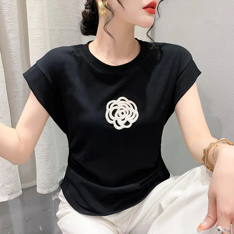 2023 New Summer European Clothes Cotton Solid T-Shirt Fashion Sexy Beading Flower Women's Tops Sleeveless All Match Tees 33057