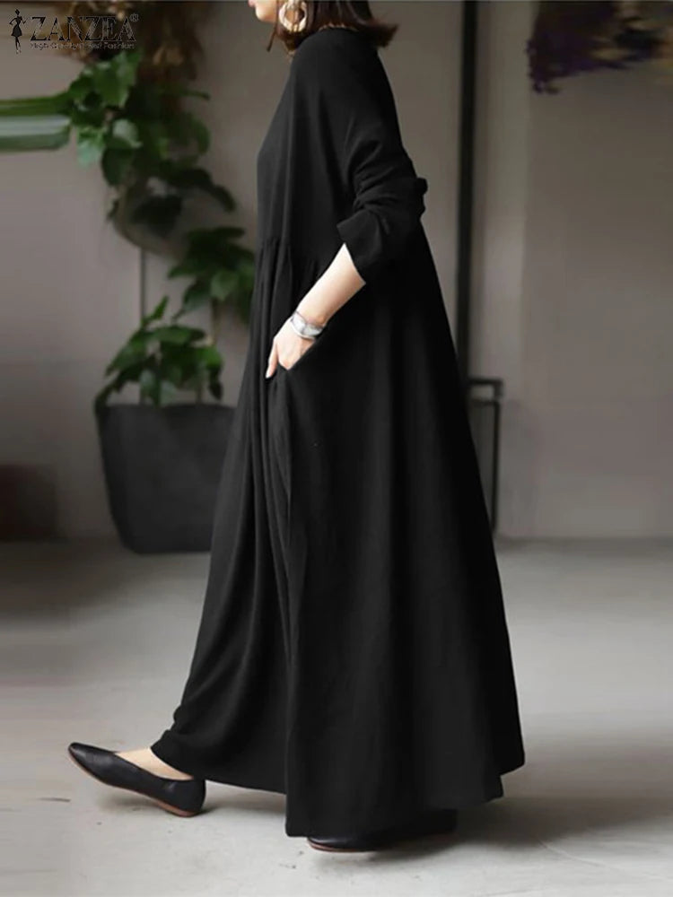 2023 Autumn Vintage Long Sleeve Solid Sundress Women Elegant Maxi Long Dress ZANZEA Kaftan Femme Robe Vestidos Baggy  7