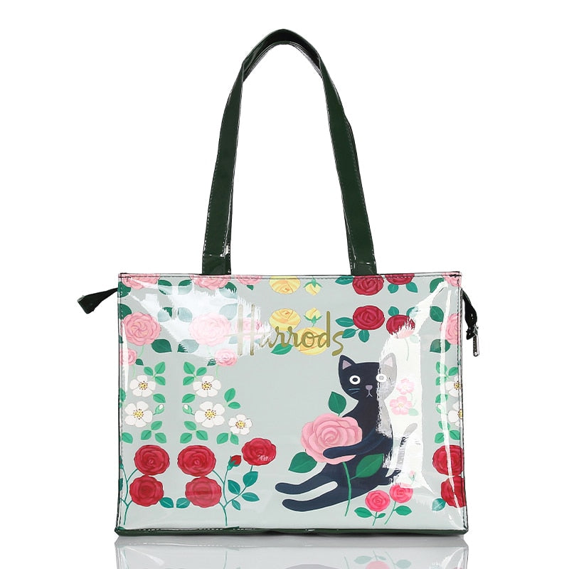 London Style PVC Reusable Shopping Purses Large Eco Friendly Flower Women&#39;s Tote Shopper Bag Summer Waterproof Beach Handbag