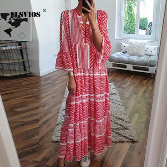 ELSVIOS  Plus size Autumn Butterfly Sleeve Long Dress Women Summer sexy V-neck Floral Print Boho Dress Elegant casual Maxi Dress