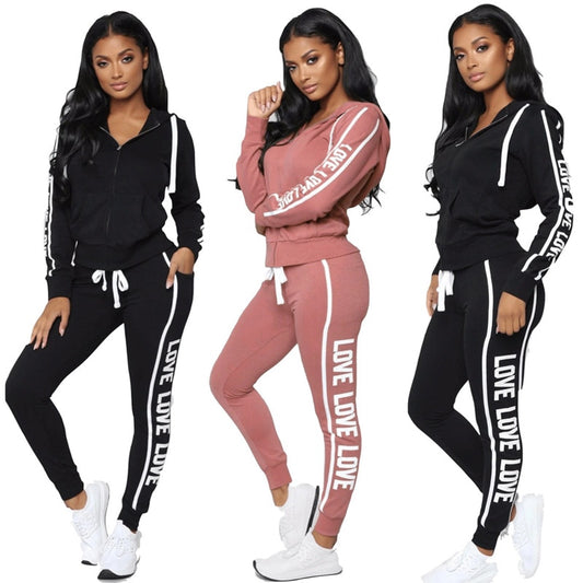 Women Tracksuit Two Piece Set Sexy Zipper Hoodies Tops + Trousers LOVE Letter Printed Sportwear Female Casual Outfits