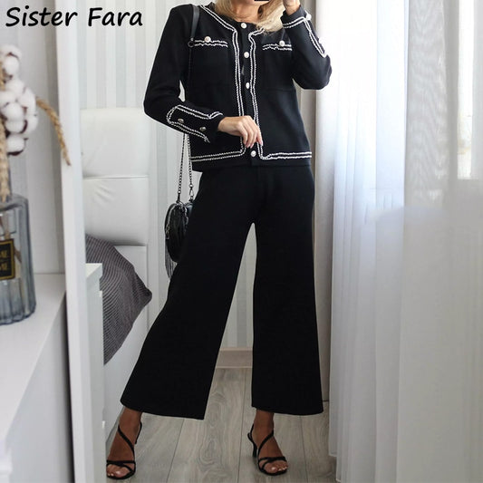 Sister Fara 2022 New Wide Legs Pants Simple Basic Knitted Tops Single Breasted Suits+Two Piece Sets Spring Knitted Sweater