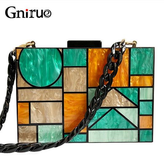 Patchwork Acrylic Handbags Evening Clutches Geometric Chain Shoulder Bag Ladies Party Wallets Purse for Women Free Shipping