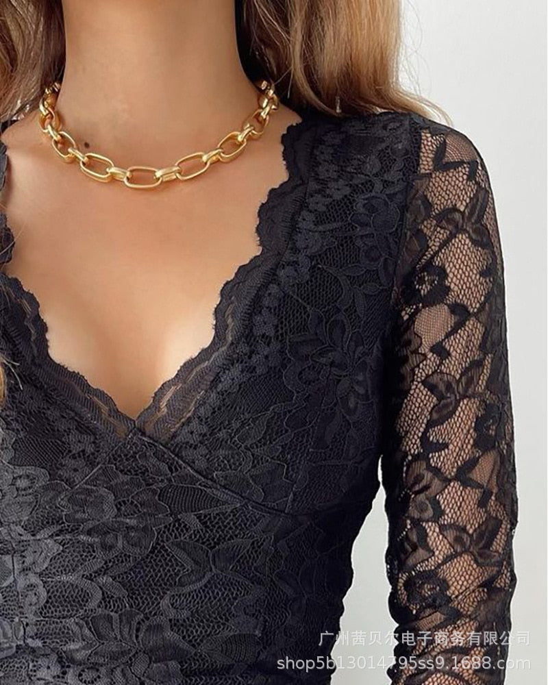 Wepbel Tight Blouse Tops Low Cut Tops Tshirts Black Lace Women Blouses V-neck Bottoming Top Long Sleeve See Through Slim Fit