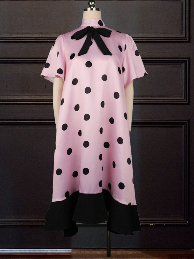 Women Pink Dress Polka Dot with Bowtie Lovely Loose Princess Party Ruffles Patchwork Short Sleeve African Female Cute Vestidos